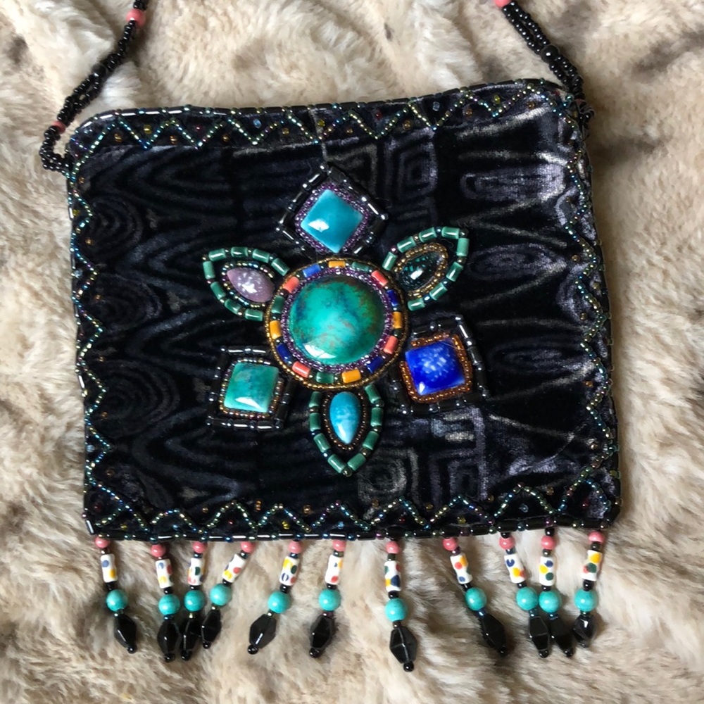 RARE 100% silk velvet artisan stone flower purse - Picture 8 of 16
